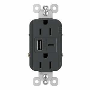 Legrand radiant Series R26USBAC6GCC4 USB Type A/C Outlet, 2 -Pole, 15 A, 125 V, 2 -USB Port, USB-A, 