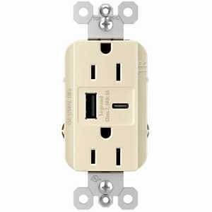 Legrand radiant R26USBAC6LACCV4 USB Outlet, 15 A, 125 V, Type A, C USB, NEMA: NEMA 5-15R, Light Almo
