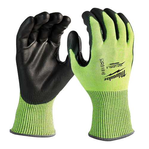 High Visibility Level 4 Cut Resistant Polyurethane Dipped Work Gloves - Large