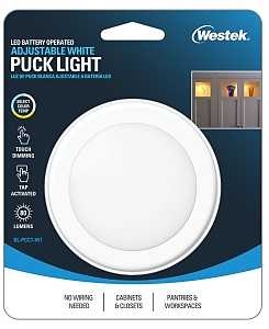 Westek BL-PCCT-W1 Series Adjustable Puck Light, 3.37 in Dia, AA Battery, LED Lamp, 80 Lumens, White,