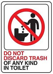 Hy-Ko D-25 Deco Sign, DO NOT DISCARD TRASH OF ANY KIND IN TOILET, White Background, Plastic, 7 in H 