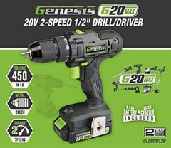 Genesis GLCD2012B Drill Driver, Battery Included, 20 V, 2 Ah, 1/2 in Chuck, Ratcheting Chuck