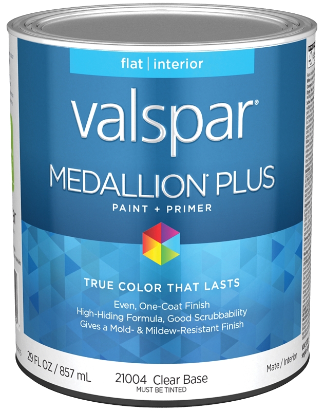 Valspar Medallion Plus 2100 028.0021004.005 Latex Paint, Acrylic Base, Flat Sheen, Clear Base, 1 qt,