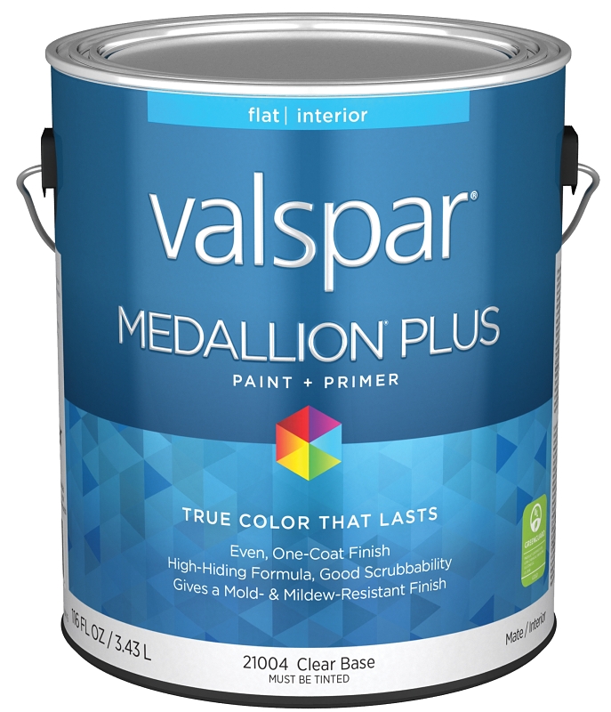Valspar Medallion Plus 2100 028.0021004.007 Latex Paint, Acrylic Base, Flat Sheen, Clear Base, 1 gal