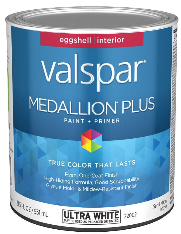 Valspar Medallion Plus 2200 028.0022002.005 Latex Paint, Acrylic Base, Eggshell Sheen, Ultra White B