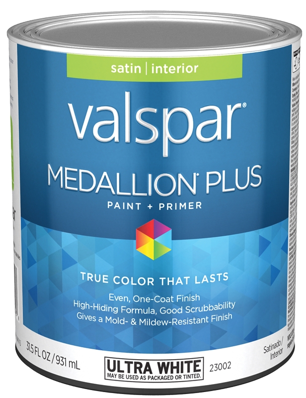 Valspar Medallion Plus 2300 028.0023002.005 Latex Paint, Acrylic Base, Satin Sheen, Ultra White Base