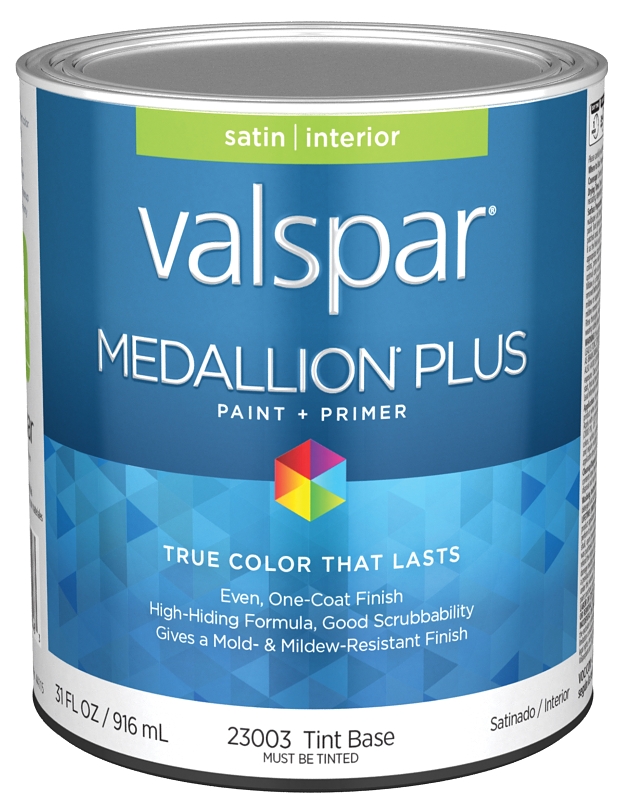Valspar Medallion Plus 2300 028.0023003.005 Latex Paint, Acrylic Base, Satin Sheen, Tint Base, 1 qt,