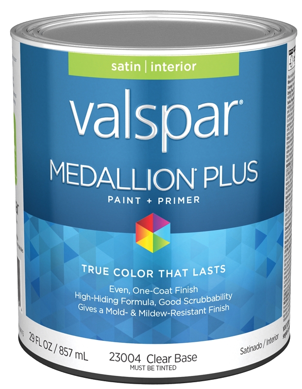Valspar Medallion Plus 2300 028.0023004.005 Latex Paint, Acrylic Base, Satin Sheen, Clear Base, 1 qt