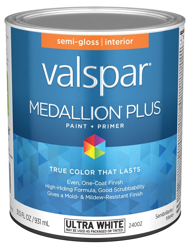 Valspar Medallion Plus 2700 028.0024002.005 Latex Paint, Acrylic Base, Semi-Gloss Sheen, Ultra White