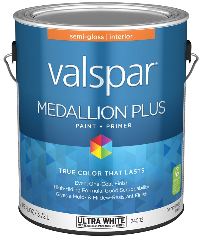 Valspar Medallion Plus 2700 028.0024002.007 Latex Paint, Acrylic Base, Semi-Gloss Sheen, Ultra White