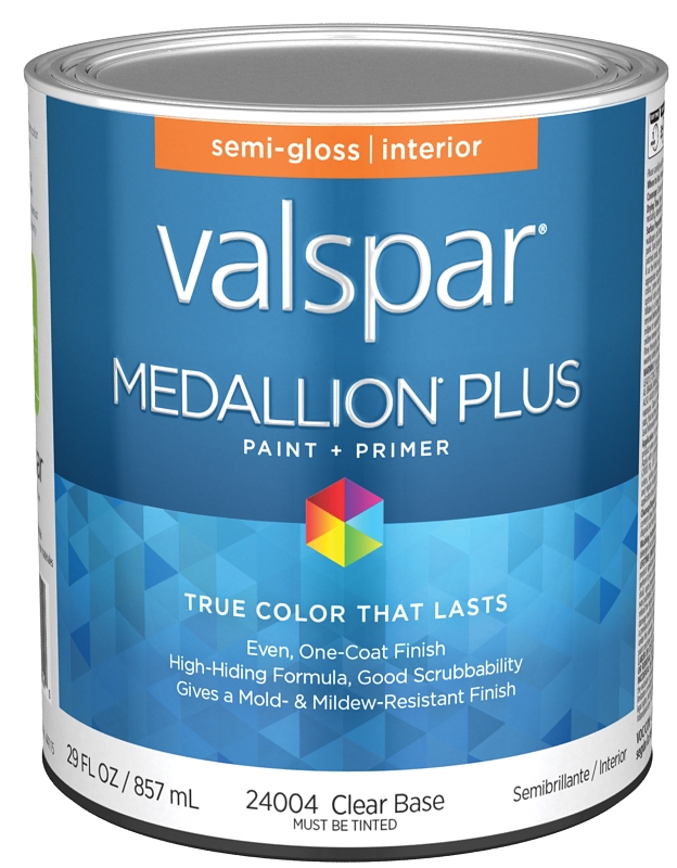 Valspar Medallion Plus 2700 028.0024004.005 Latex Paint, Acrylic Base, Semi-Gloss Sheen, Clear Base,