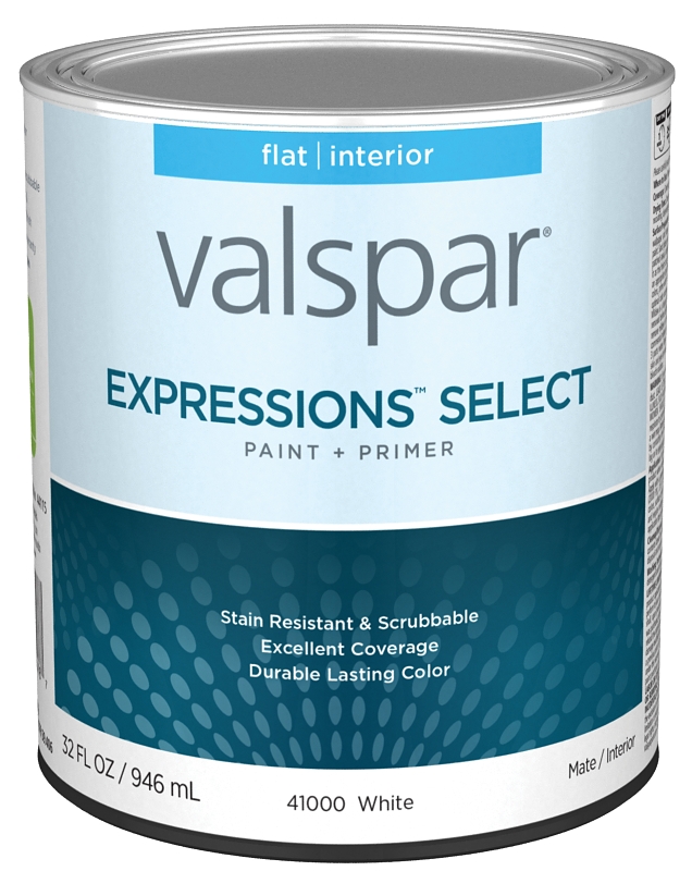 Valspar Expressions Select 4100 028.0041000.005 Latex Paint, Acrylic Base, Flat Sheen, White Base, 1