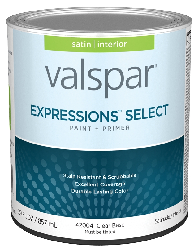Valspar Expressions Select 4200 028.0042004.005 Latex Paint, Acrylic Base, Satin Sheen, Clear Base, 
