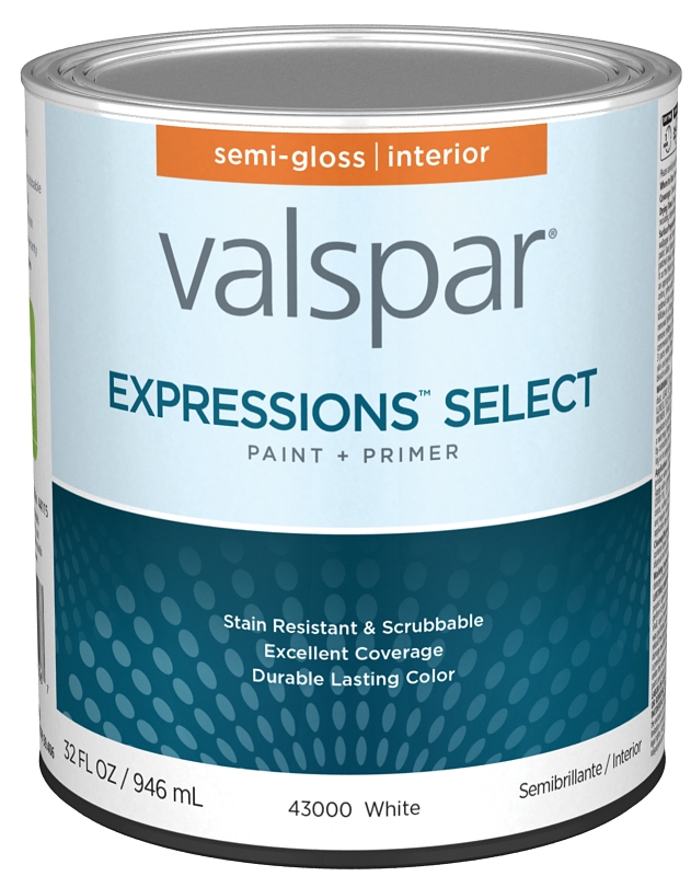 Valspar Expressions Select 4300 028.0043000.005 Latex Paint, Acrylic Base, Semi-Gloss, White Base, 1