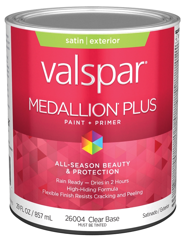 Valspar Medallion Plus 2600 028.0026004.005 Latex Paint, Acrylic Base, Satin Sheen, Clear Base, 1 qt