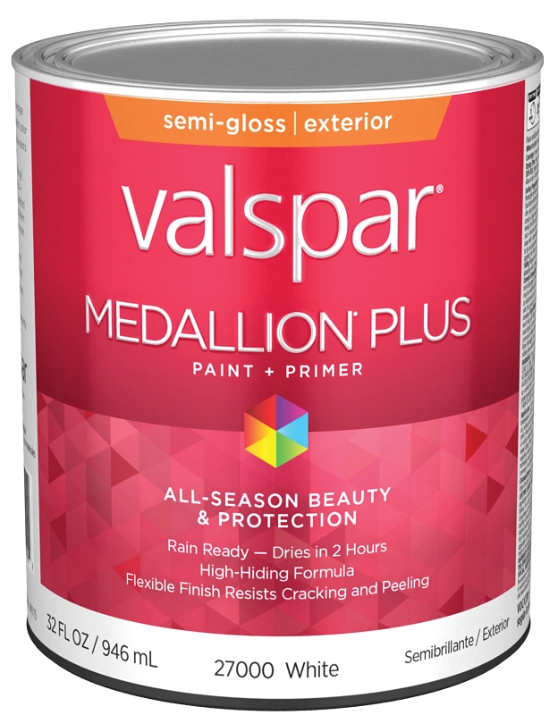 Valspar Medallion Plus 2600 028.0027000.005 Latex Paint, Acrylic Base, Semi-Gloss Sheen, White Base,