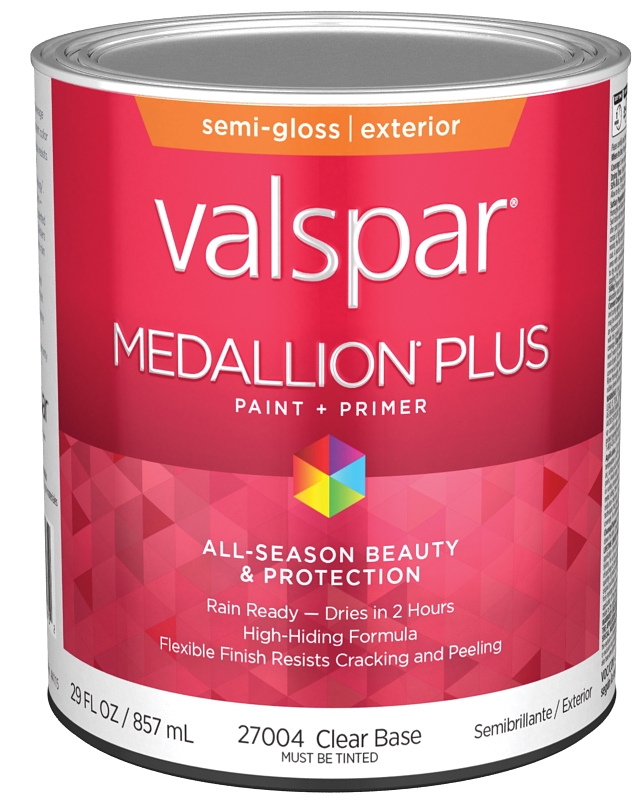 Valspar Medallion Plus 2600 028.0027004.005 Latex Paint, Acrylic Base, Semi-Gloss Sheen, Clear Base,