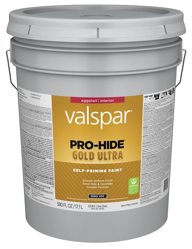 Valspar Pro-Hide Gold Ultra 6200 028.0062004.008 Latex Paint, Acrylic Base, Eggshell, Clear Base, 5 