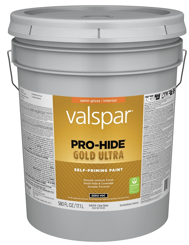 Valspar Pro-Hide Gold Ultra 6400 028.0064004.008 Latex Paint, Acrylic Base, Semi-Gloss, Clear Base, 