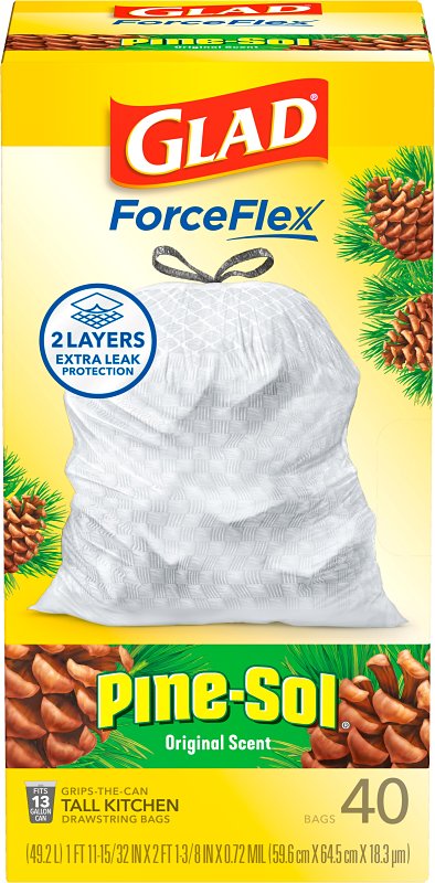 Glad ForceFlex Pine-Sol Scented Trash Bag, 13 gal, Plastic, White