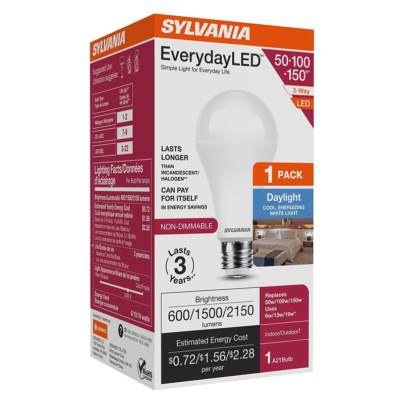 Sylvania 42053 3-Way LED Bulb, A21 Lamp, 50, 100, 150 W Equivalent, E26 Medium Lamp Base, Non-Dimmab