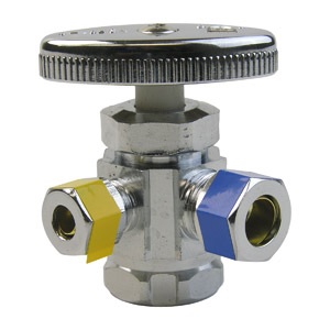 1/2 Inch Iron Pipe Inlet X 3/8 Inch Compression Outlet, 1/4 Inch Compression Outlet, 3-Way Angle Sto
