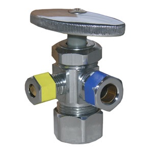 5/8 Inch Copper Compression Inlet X 3/8 Inch Compression Outlet, 1/4 Inch Compression Outlet, 3-Way 