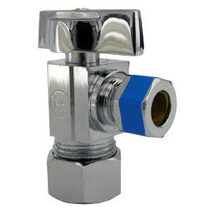 5/8 Inch Copper Compression Inlet X 3/8 Inch Compression Outlet, 1/4 Turn, Angle Stop, Lead Free Com