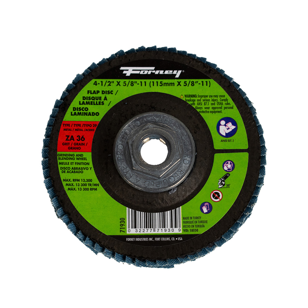 Flap Disc, Type 29 (Designed for Grinding and Finishing), 4-1/2 in x 5/8 in-11, ZA36