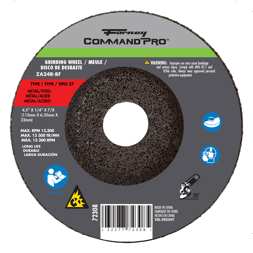 Grinding Wheel, Metal, Type 27 (Depressed Center), 4-1/2 in x 1/4 in x 7/8 in