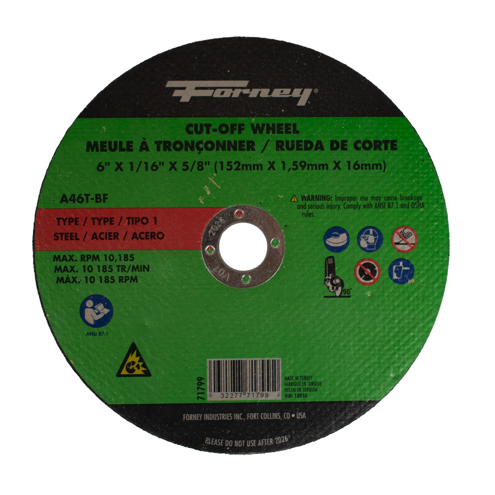 Cut-Off Wheel, Metal, Type 1 (Flat), 6 in x 1/16 in x 5/8 in