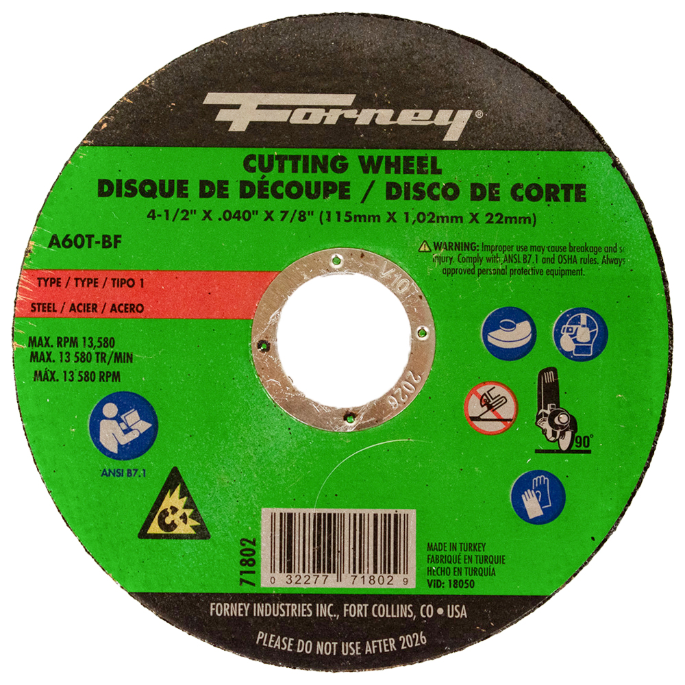 Cut-Off Wheel, Metal, Type 1 (Flat), 4-1/2 in x .040 in x 7/8 in