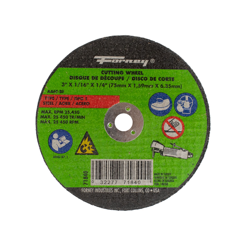 Cut-Off Wheel, Metal, Type 1 (Flat), 3 in x 1/16 in x 1/4 in