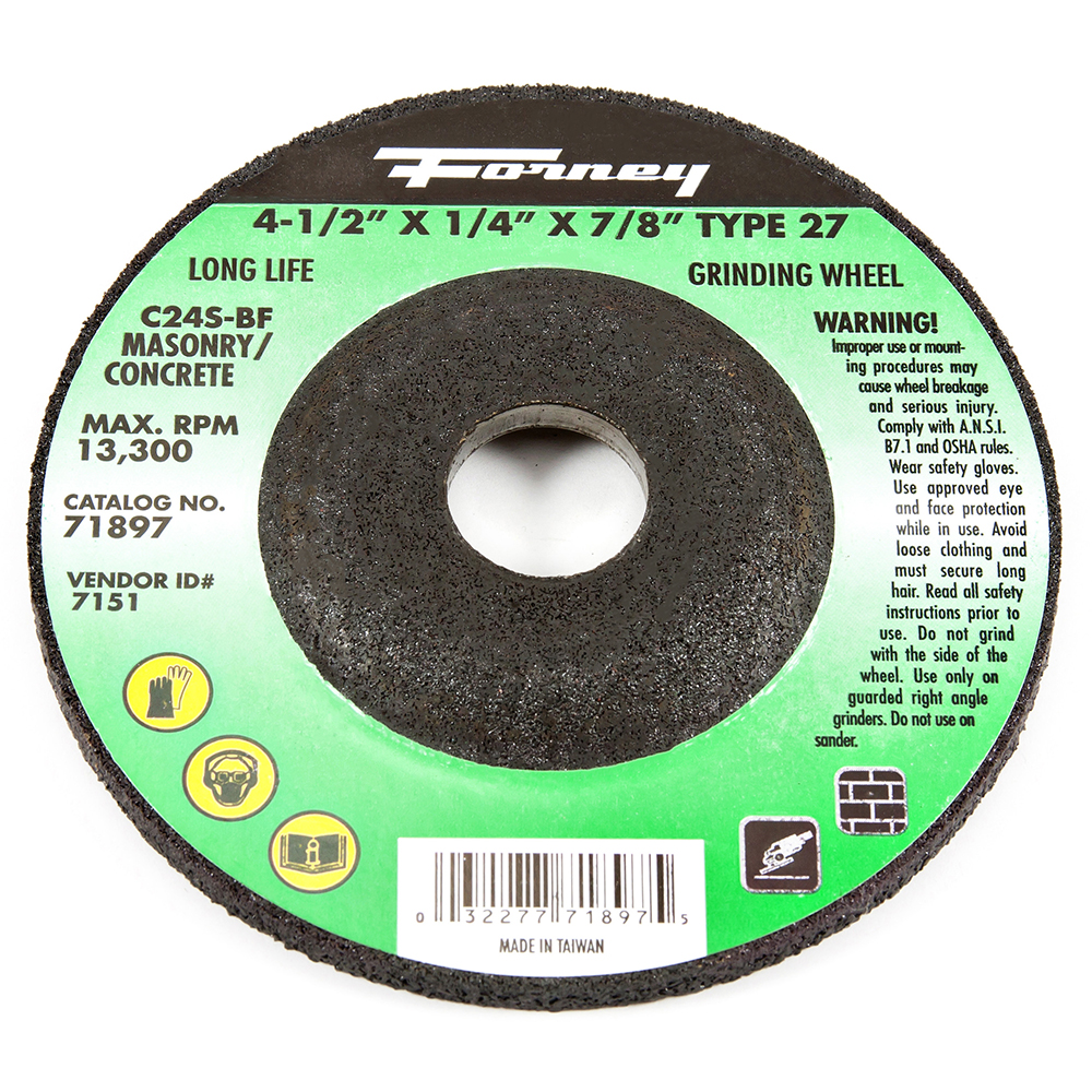 Grinding Wheel, Masonry, Type 27 (Depressed Center), 4-1/2 in x 1/4 in x 7/8 in