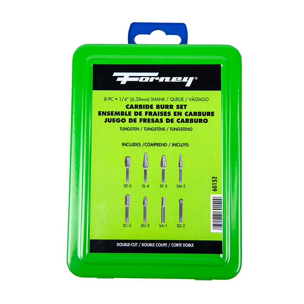 Forney Tungsten Carbide Burr Set, 8-Piece, 1/4 in Shank, Steel Case
