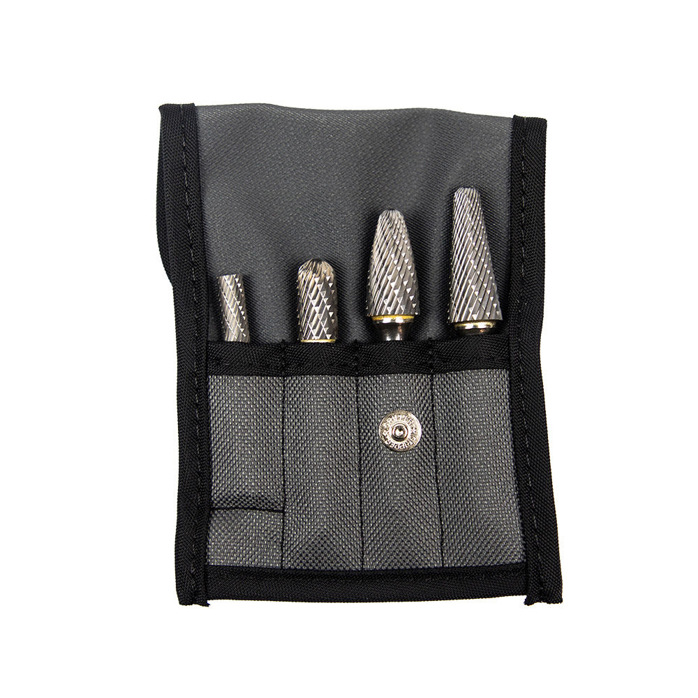 Forney Tungsten Carbide Burr Set, 4-Piece, 1/4 in Shank, with Cloth Pouch