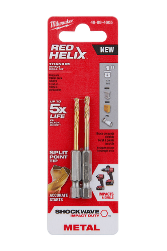 SHOCKWAVE RED HELIX Titanium 1/8" Drill Bits 2pc