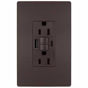 Legrand radiant&reg; 1597TRUSBACDBC4 Self-Test GFCI USB Outlet, 2-Pole, 15/2.1 A, 125 VAC, 1-Gang, 2-USB