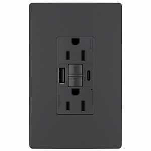Legrand radiant&reg; 1597TRUSBACGC4 Self-Test GFCI USB Outlet, 2-Pole, 15/2.1 A, 125 VAC, 1-Gang, 2-USB 