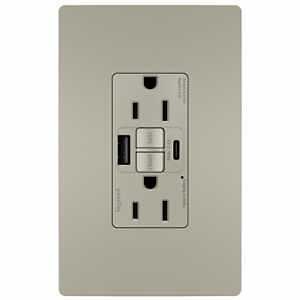 Legrand radiant&reg; 1597TRUSBACNIC4 GFCI Receptacle, 15 A, 125 V, 1-Gang, 2-USB Port, USB-A, USB-C USB,